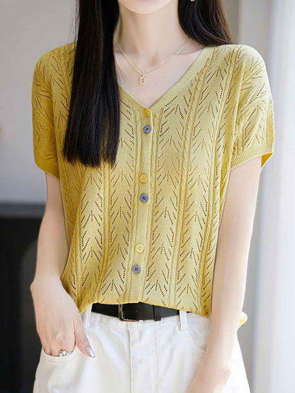 Mariah Elegant V-Neck Solid Color Jacquard Hollowed Cardigan