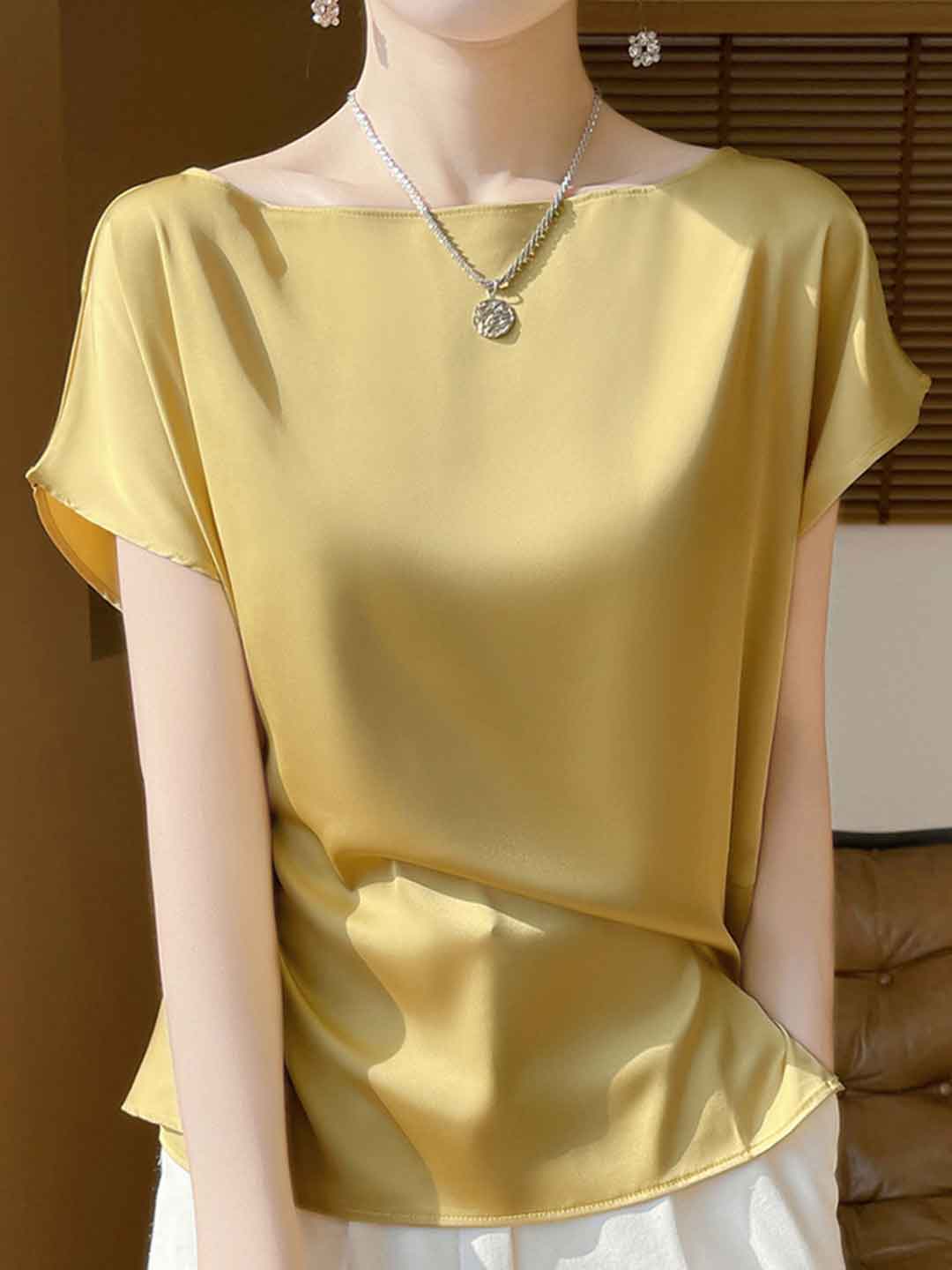 Madeline Loose Boat Neck Satin Solid Color Top
