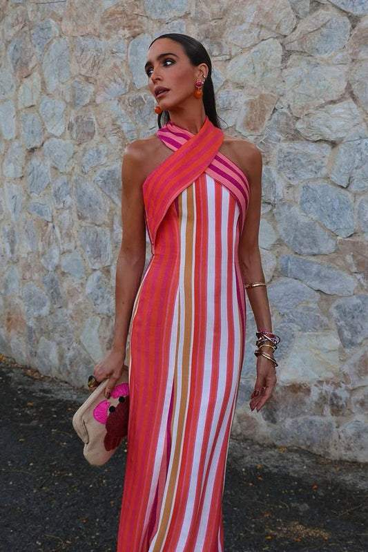 Vestido de rayas con cuello halter cruzado Sunset Samba