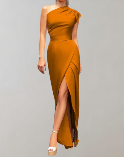 Women’s Waist-Cinched One-Shoulder Long Evening Dress with Slit | Ideal for Spring/Summer