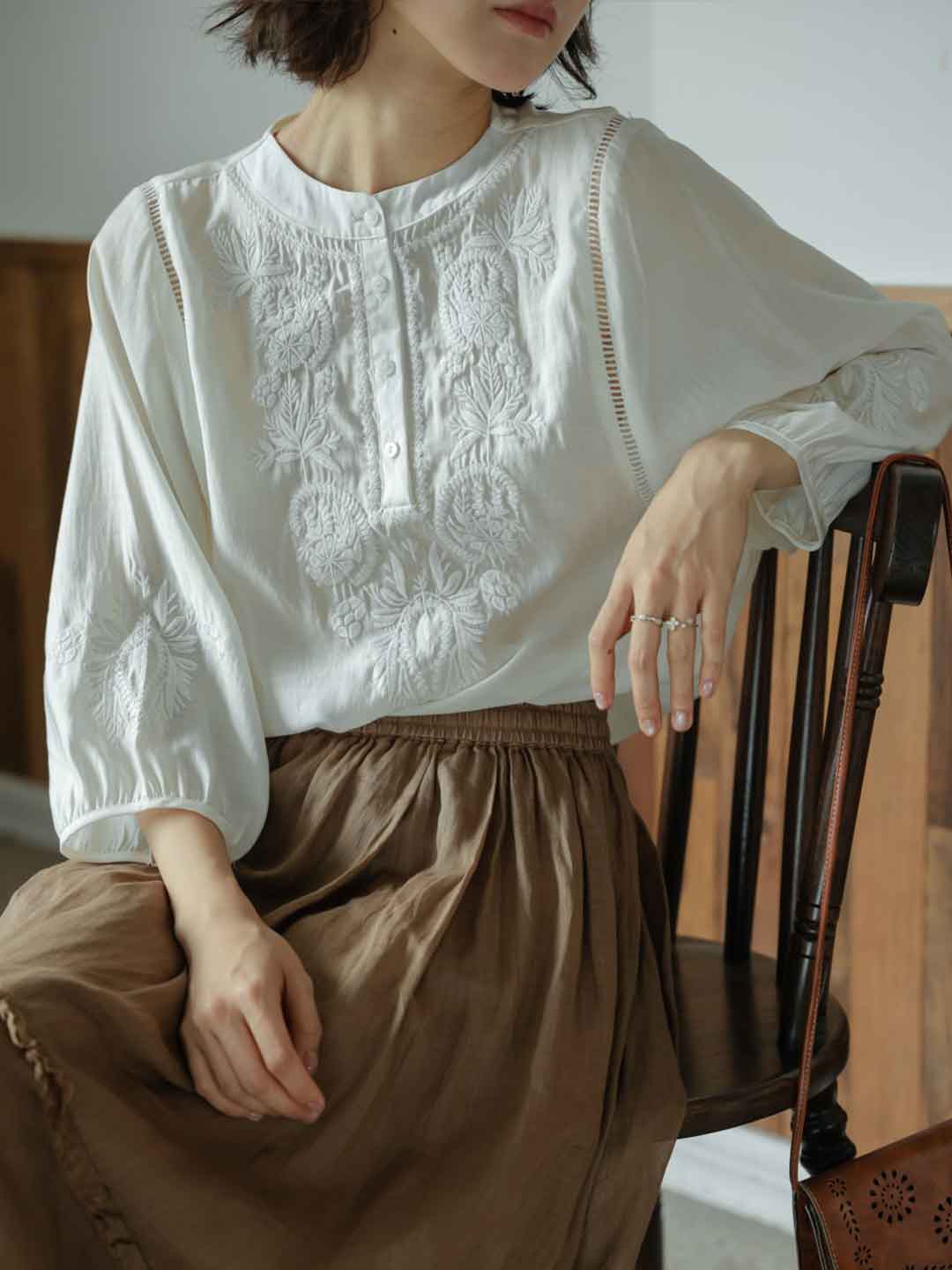 Kylie Vintage Crew Neck Embroidered Top