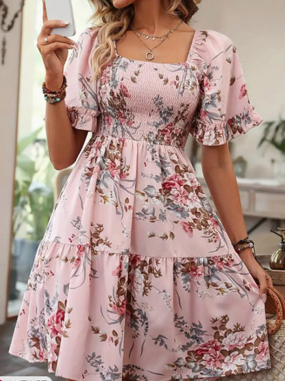 Printed Pleated Square Neck Short Sleeve Mini&Short Dresses
