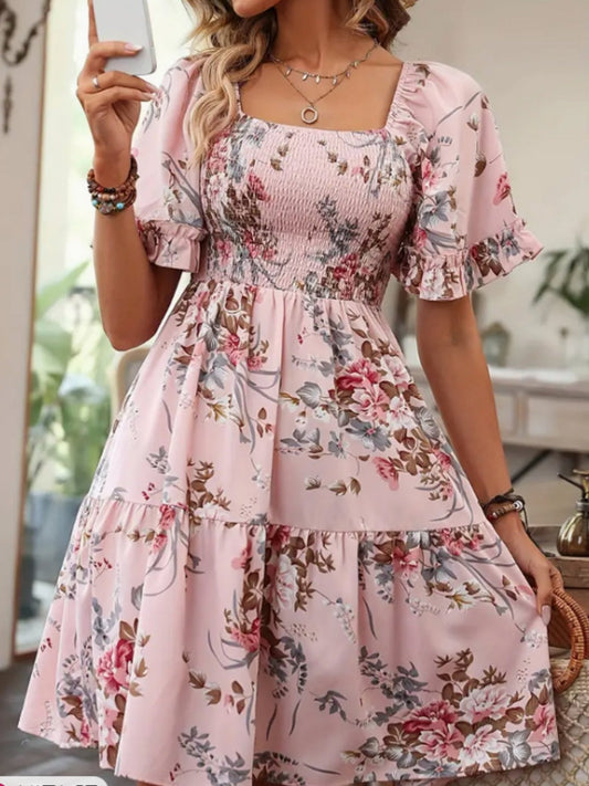Printed Pleated Square Neck Short Sleeve Mini&Short Dresses