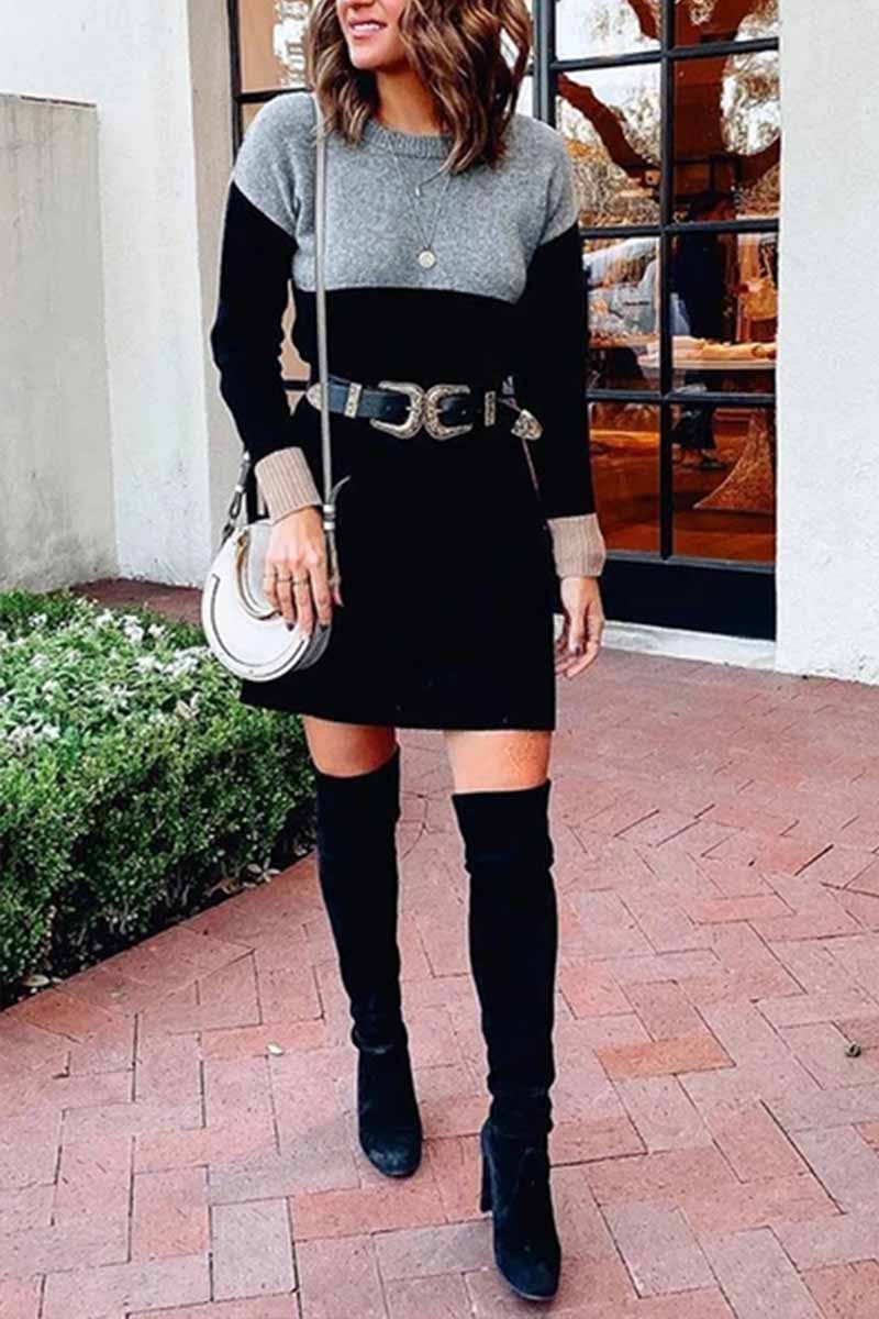 Loose Round Neck Paneled Dress(2 Colors)