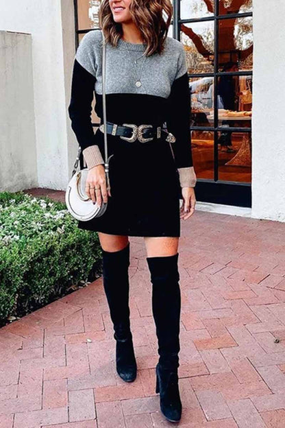 Loose Round Neck Paneled Dress(2 Colors)