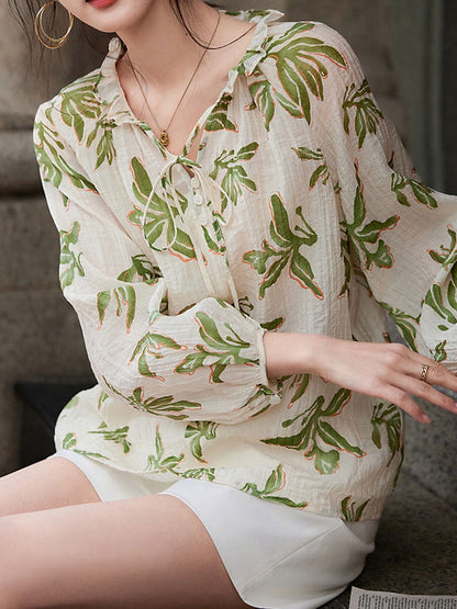 Isabella Loose V-Neck Auricular Tie Printed Top