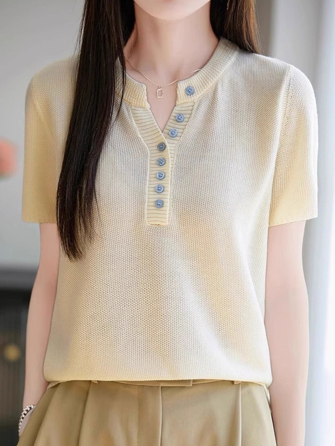 Selina Loose V-neck Solid Color Knitted Top