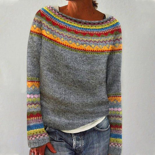 Jersey de punto de manga larga con estampado retro multicolor para mujer | Ideal para otoño/invierno