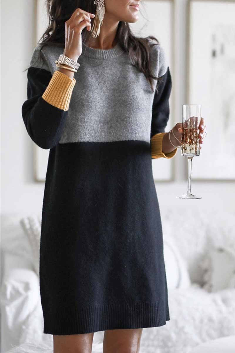 Loose Round Neck Paneled Dress(2 Colors)