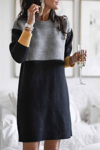 Loose Round Neck Paneled Dress(2 Colors)