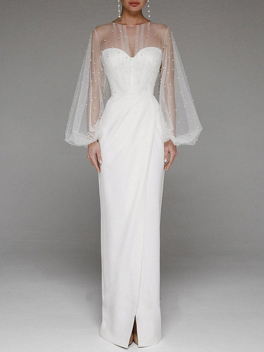 Pearl Mesh-paneled Sleeves Tube Top Maxi Dresses
