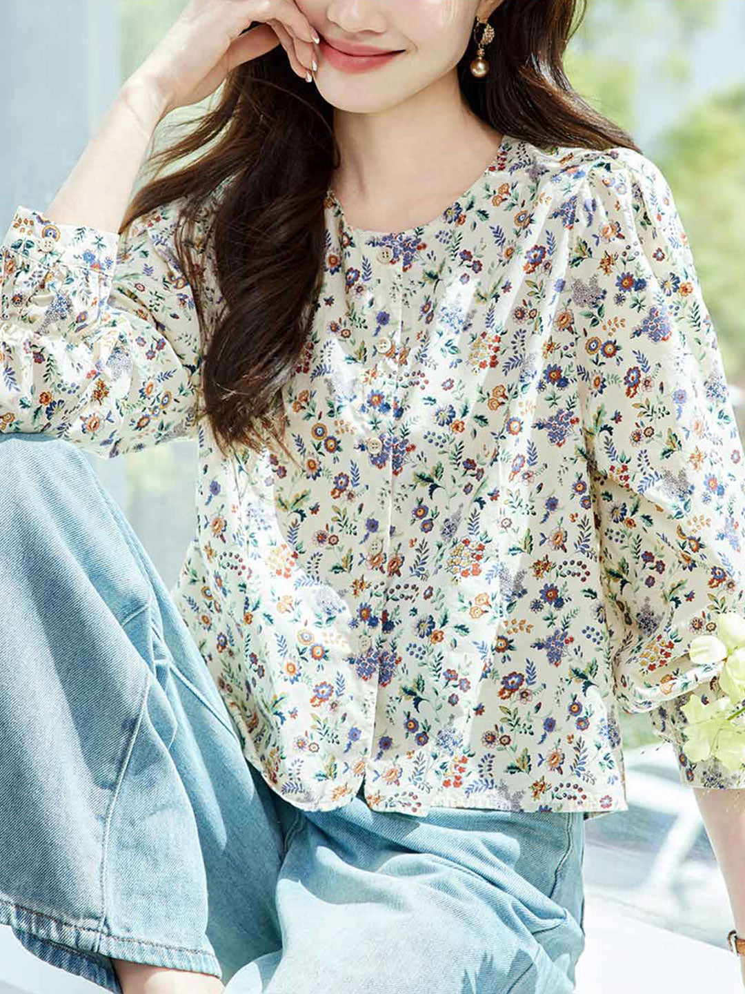 Trinity Loose Crew Neck Puff Sleeve Floral Blouse