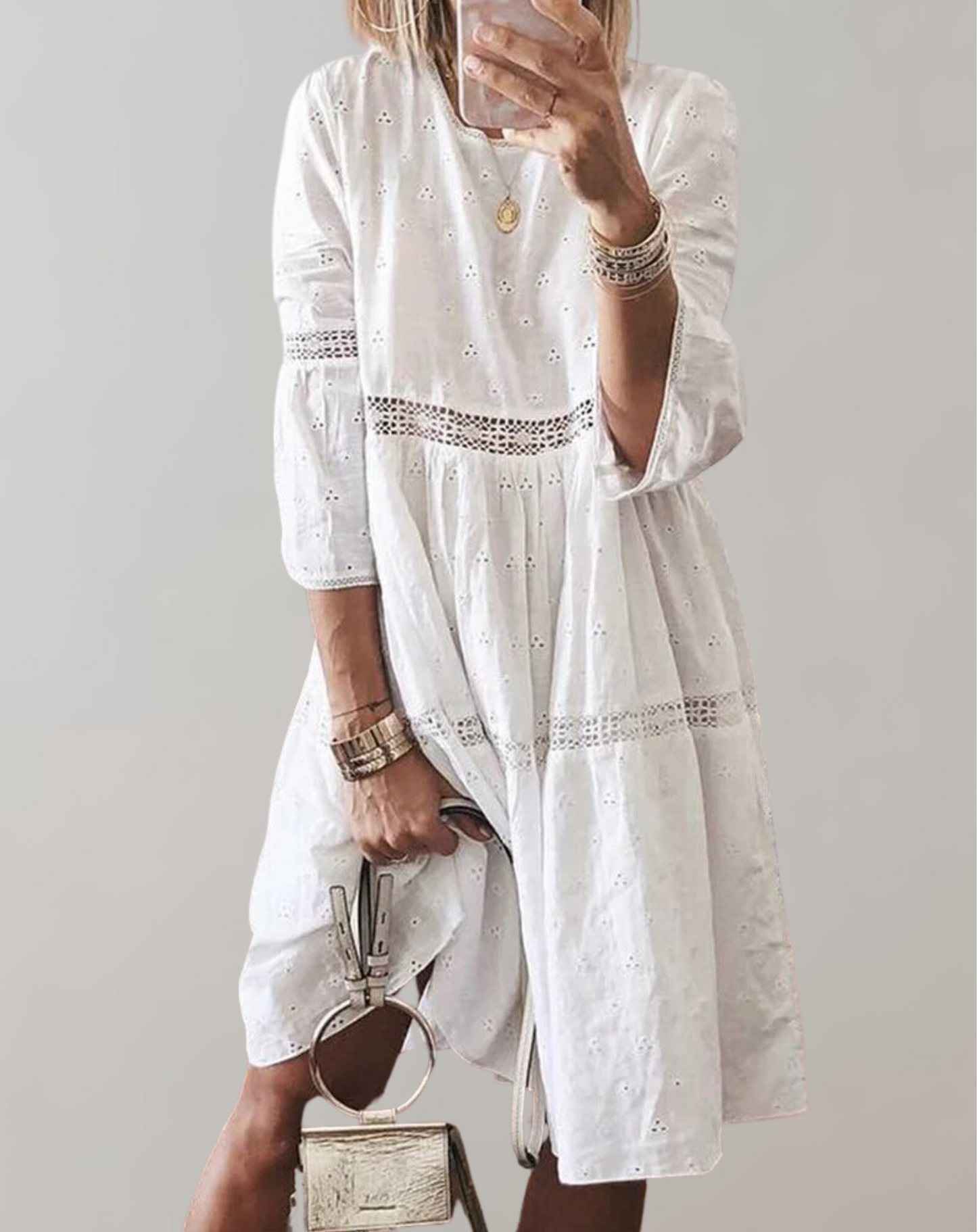 Vestido clásico midi de cuello redondo con ojales para mujer | Ideal para primavera/verano