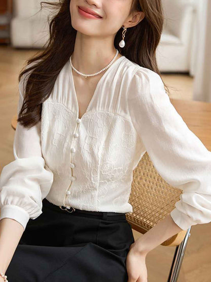 Mariah Classic V-Neck Jacquard Chiffon Shirt