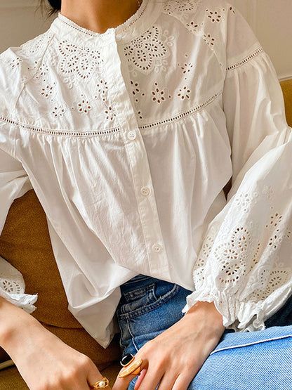 Kaitlyn Vintage Crew Neck Puff Sleeve Embroidered Top