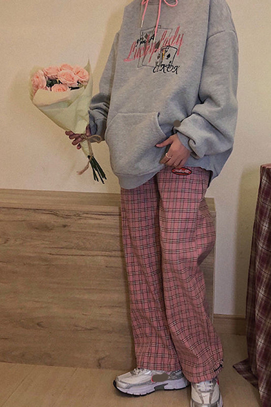 High Waist Cute Dark Pink Plaid Long Pants