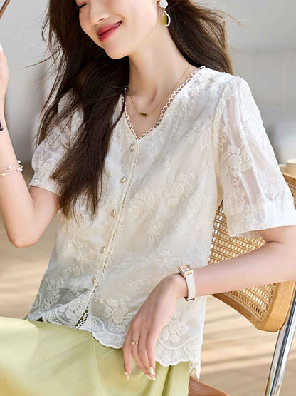 Jocelyn Retro V-Neck Patchwork Embroidered Top