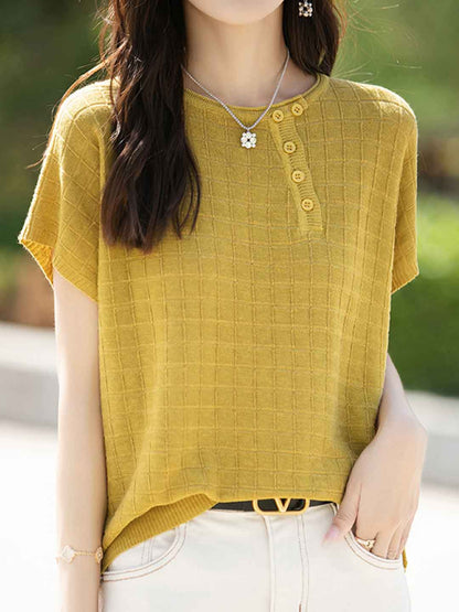 Maya Loose Crew Neck Plaid Knitted Top