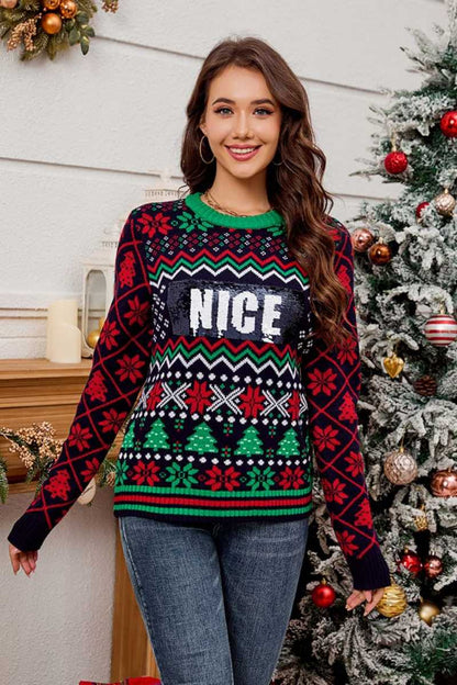 Suéter de punto jacquard navideño con bordado de lentejuelas