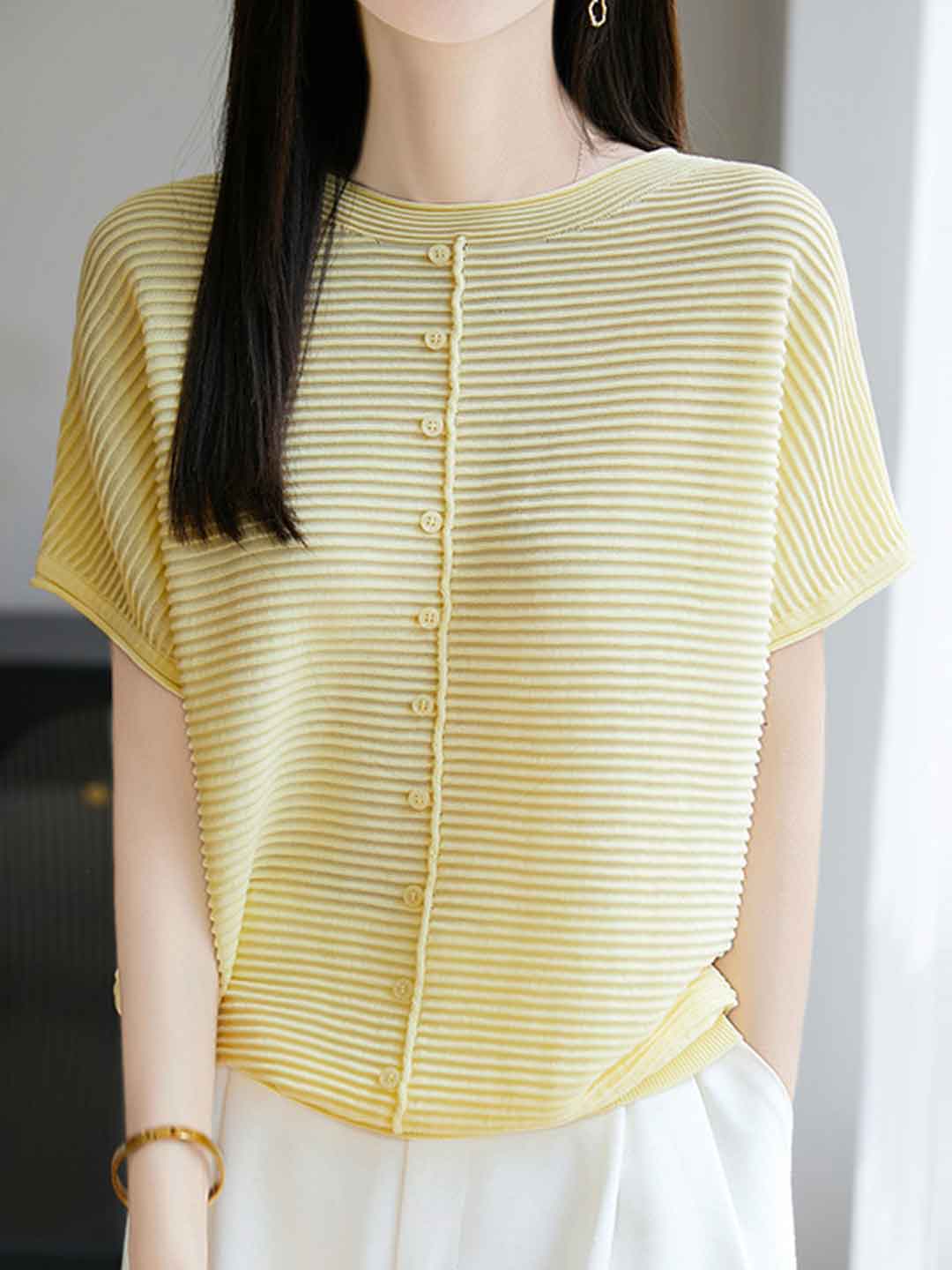 Khloe Classic Crew Neck Striped Solid Color Knitted Top