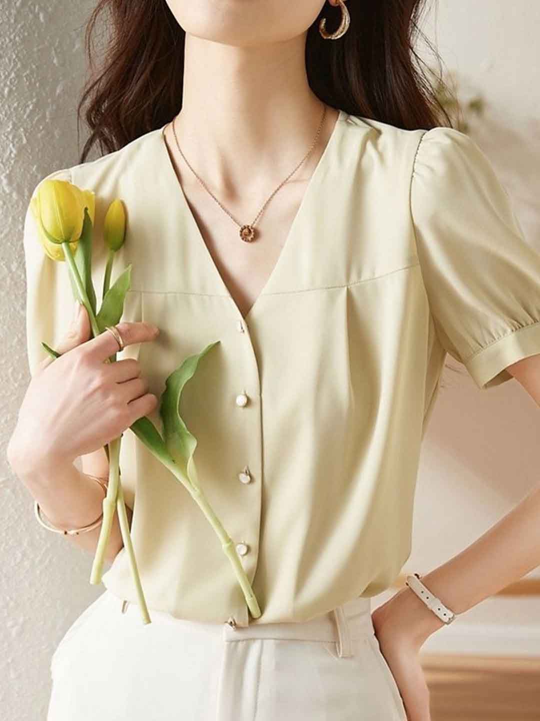 Zoey Classic V-Neck Puff Sleeve Chiffon Shirt