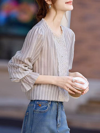 Jessica Vintage Mesh Embroidered Striped Lace Shirt