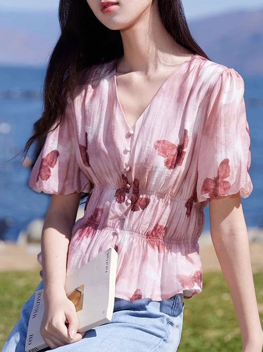 Kylie Elegant V-Neck Puff Sleeve Butterfly Printed Top