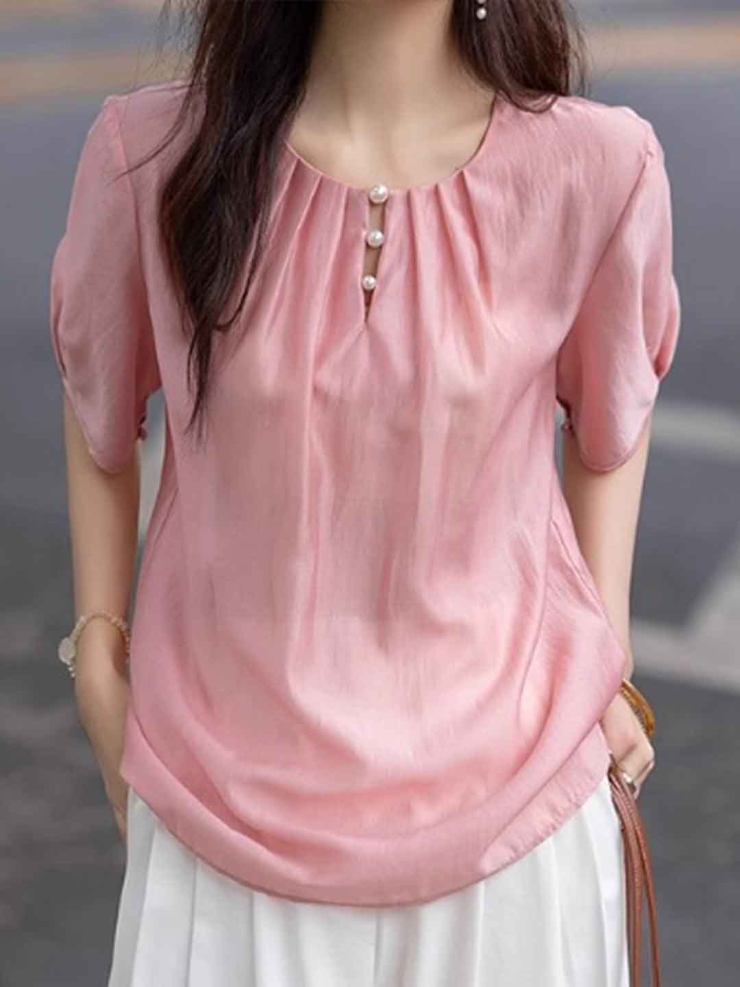 Khloe Loose Crew Neck Lantern Sleeve Pearl Pleated Top