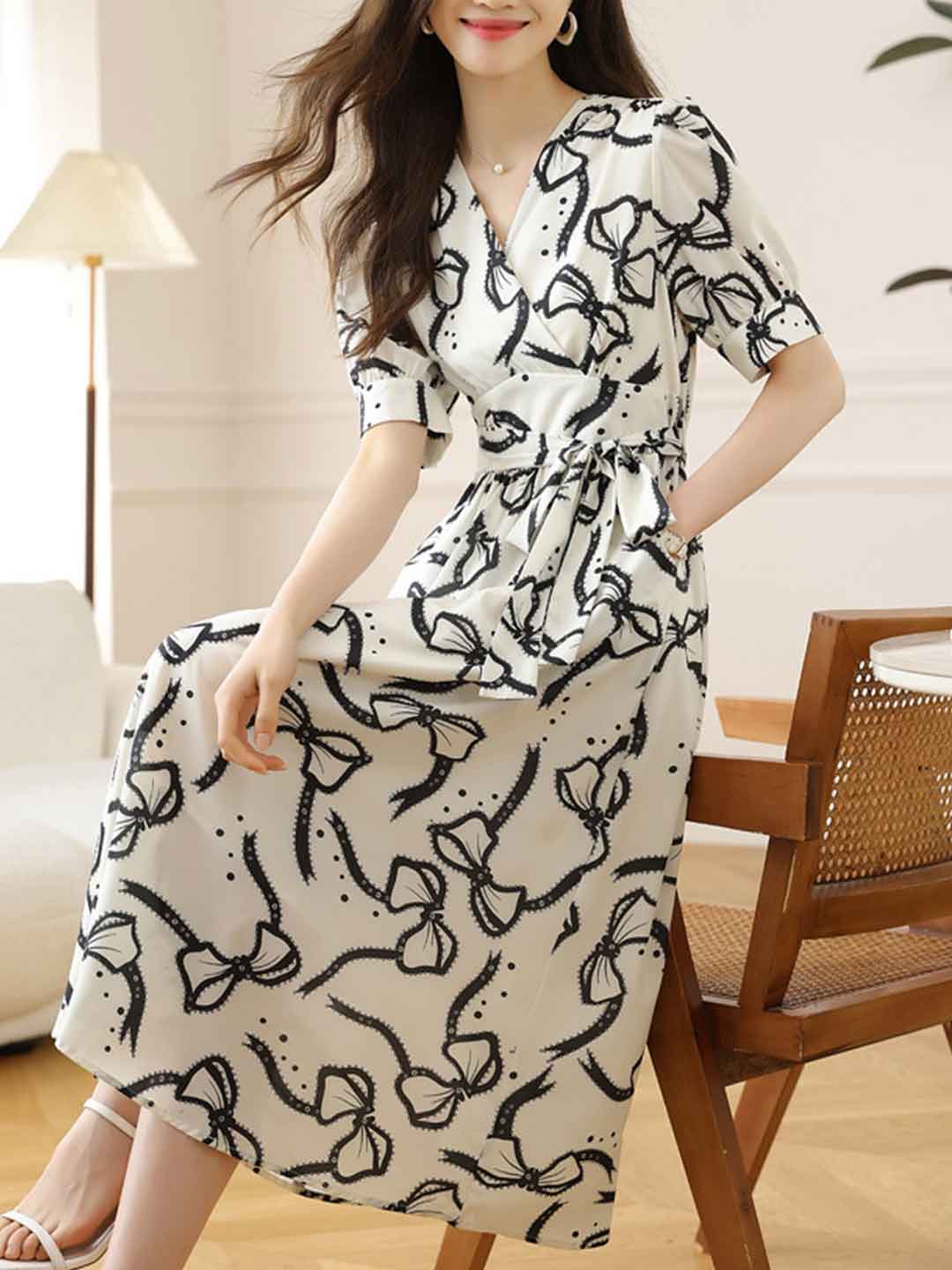 Katherine Elegant V-Neck Bow Tie Dress