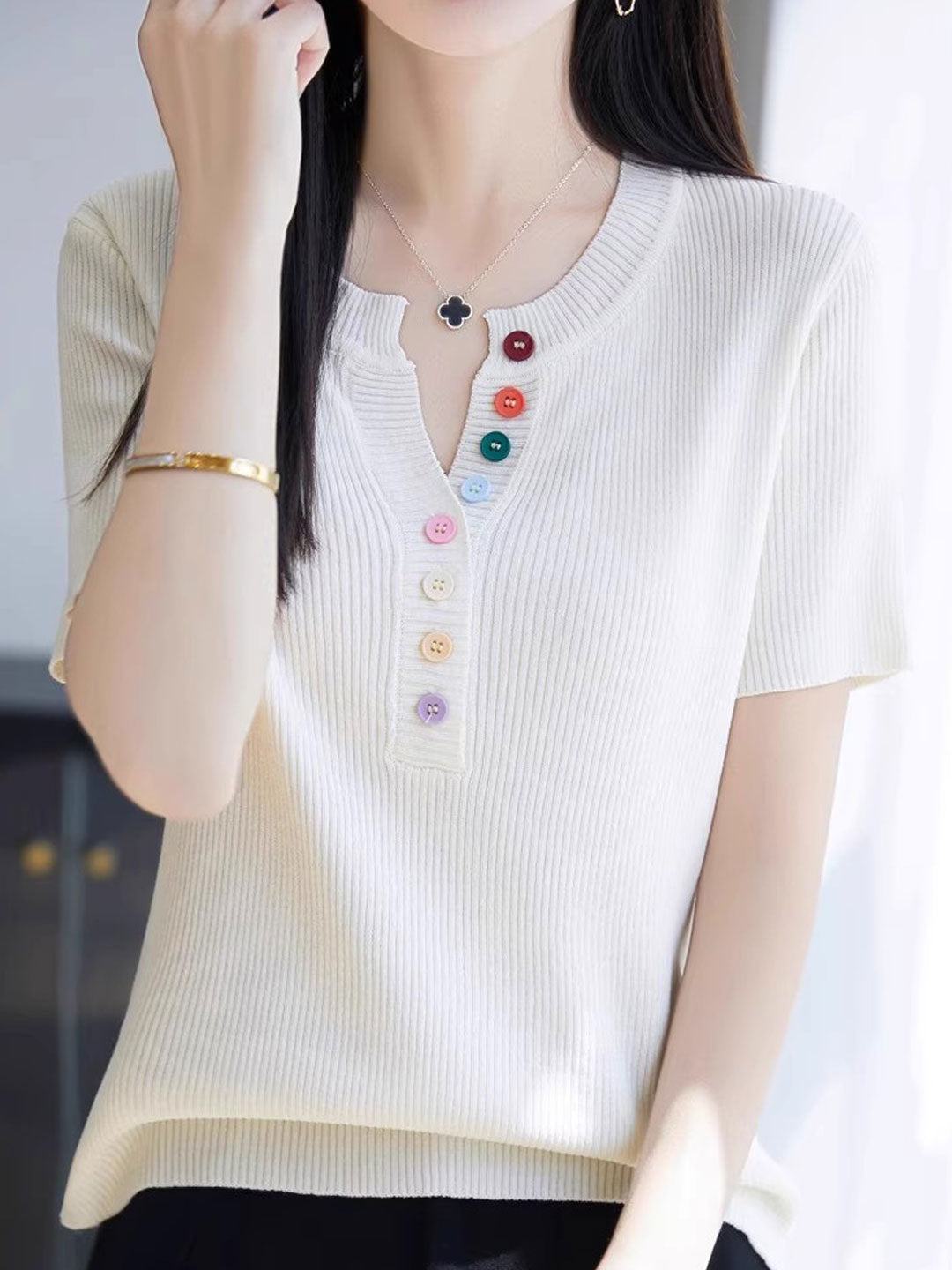 Mariah Loose Color Button Solid Color Top