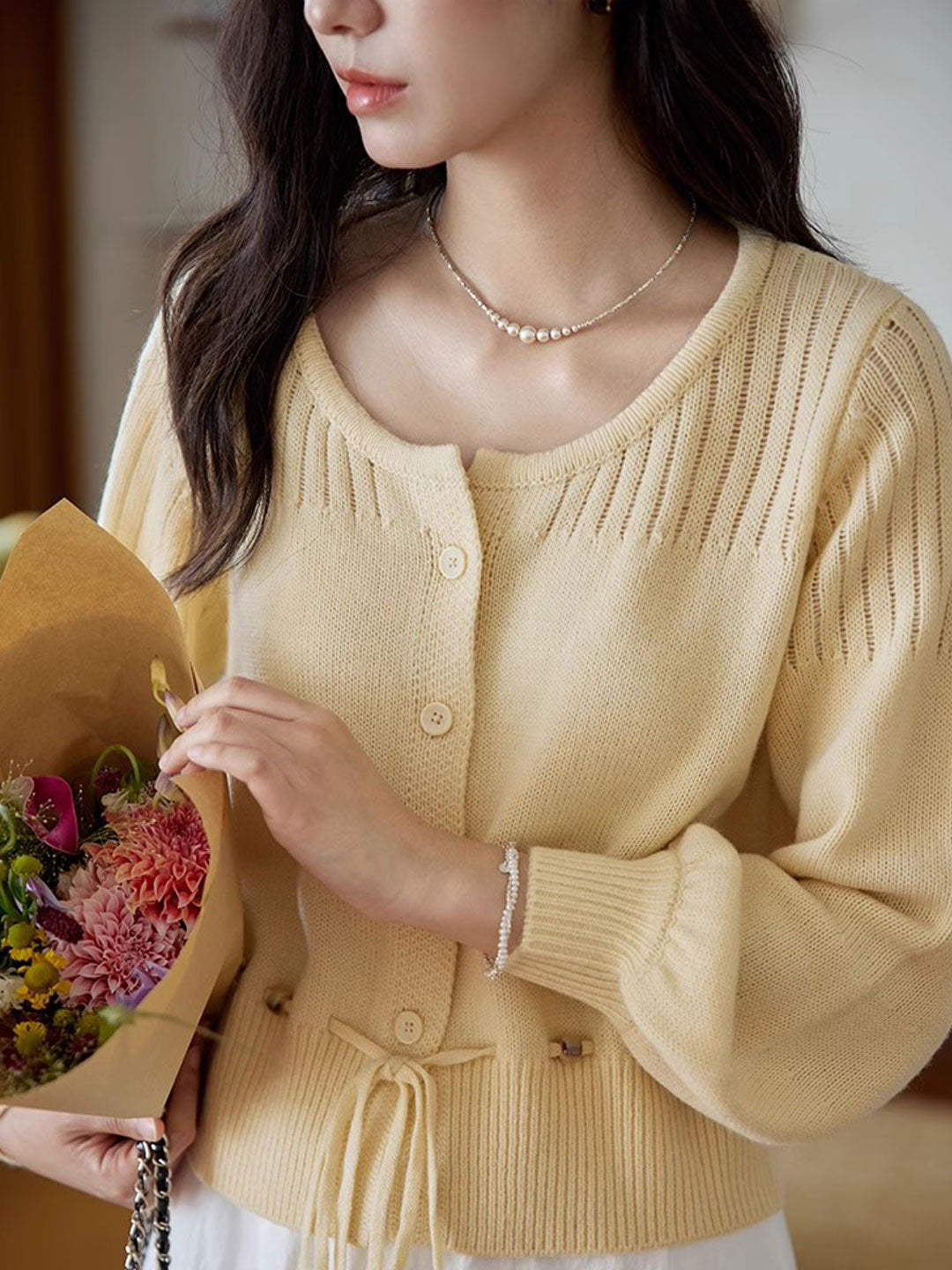 Peyton Retro Crew Neck Beaded Drawstring Knitted Cardigan