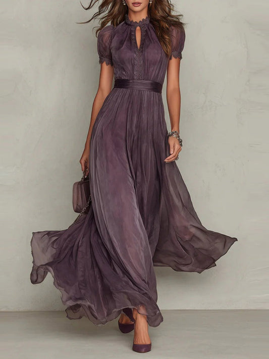 V-neck Waist Ruffle Chiffon Big Swing Maxi Dresses