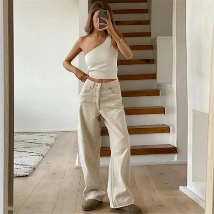 Women's Casual Low Waist Beige Wide Leg Flared Trousers | Great for Casual Days