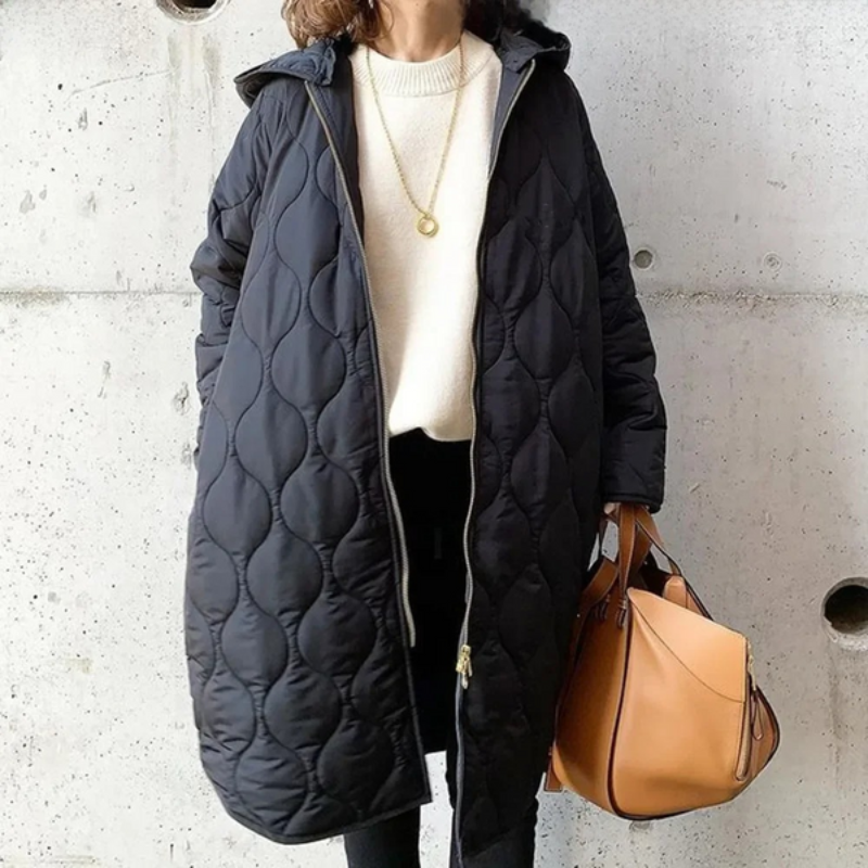Elegante abrigo largo acolchado con capucha para mujer | Ideal para el invierno