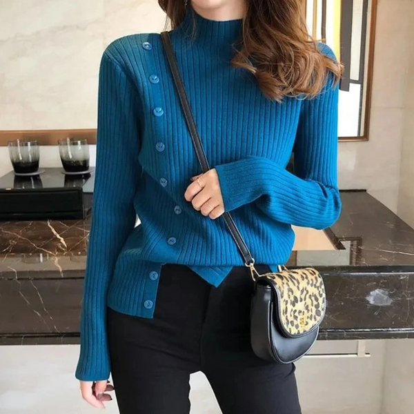 Elegante jersey de punto de cuello alto para mujer con botón y abertura | Ideal para otoño/invierno