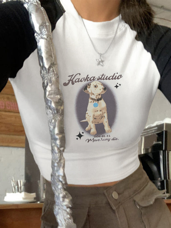 Vintage Puppy Print Raglan Crop Long Sleeve Tee