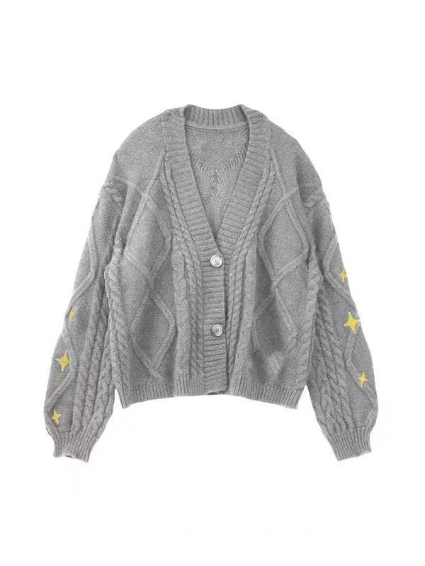 Star Embroidered Print Cable Knit V Neck Cardigan