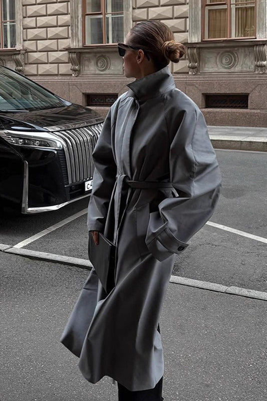 Lazy-Chic European Solid Color Stand Collar Belted Long Overcoat