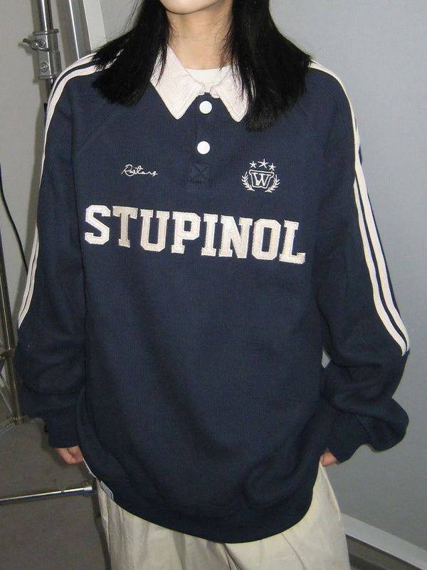 Letter Embroidered Piping Lapel Neck Sweatshirt