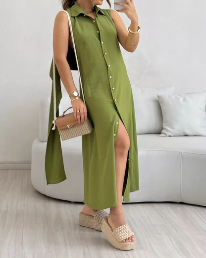V-Neck Sleeveless Solid Color Waist Dres