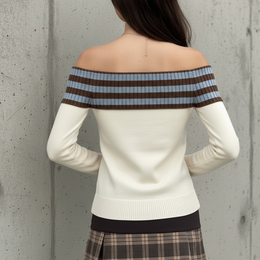 Long sleeve off shoulder striped print star pattern top  | Festival Outfits Women