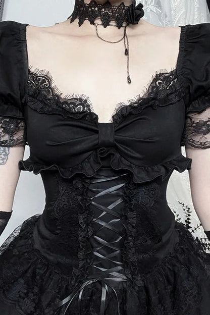 Dark Gothic Lace Trim Puff Sleeve Square Neck A-line Mini Dress