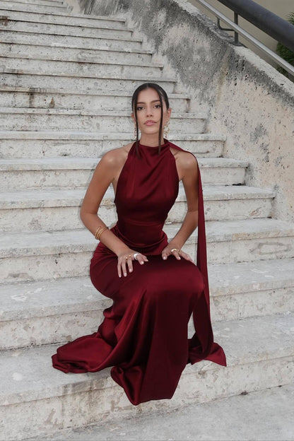 Halter Satin Elegant Solid Color Prom Dress