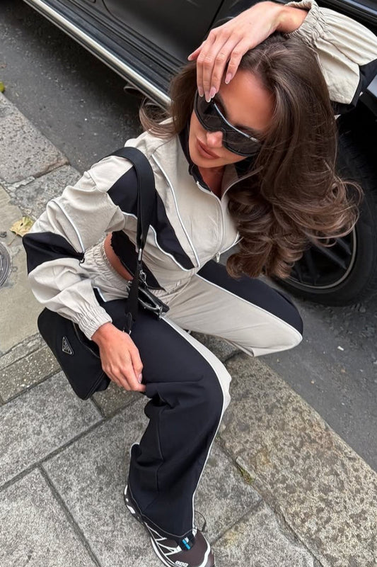 Color Block Zip Irregular Long Sleeve Sports Two Piece Set