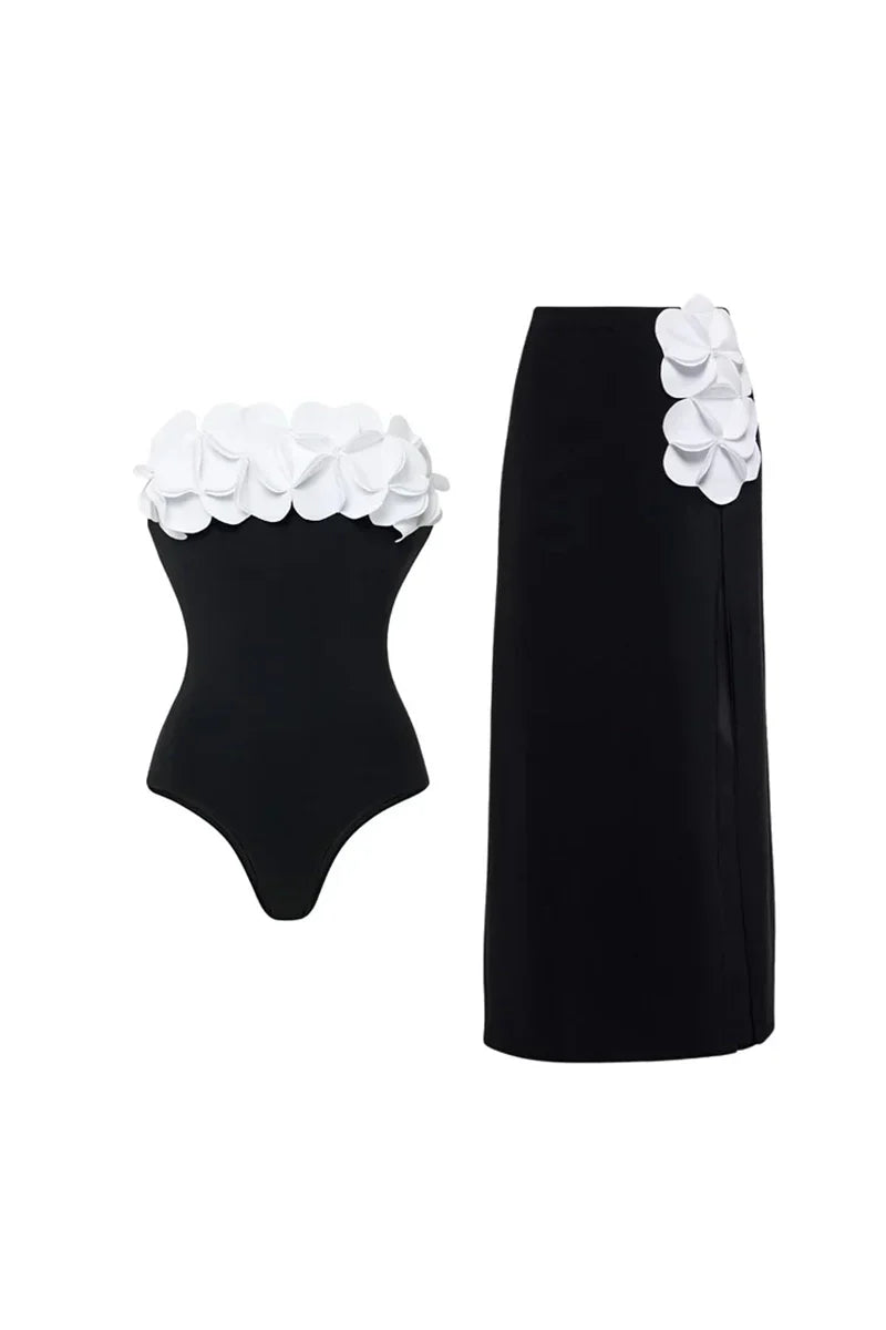 3D Floral Strapless Black Swimsuit
