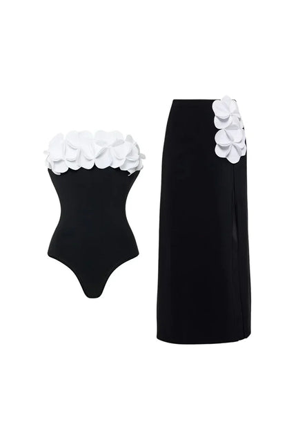 3D Floral Strapless Black Swimsuit