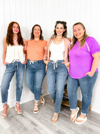 Pantalones deportivos vaqueros elásticos de cintura alta con cordón para mujer | Ideales para cualquier temporada