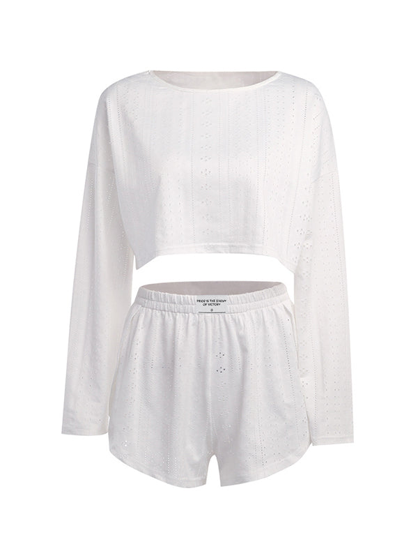Solid Cutout Loose Long Sleeve Tee & Shorts Set