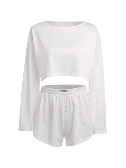 Solid Cutout Loose Long Sleeve Tee & Shorts Set
