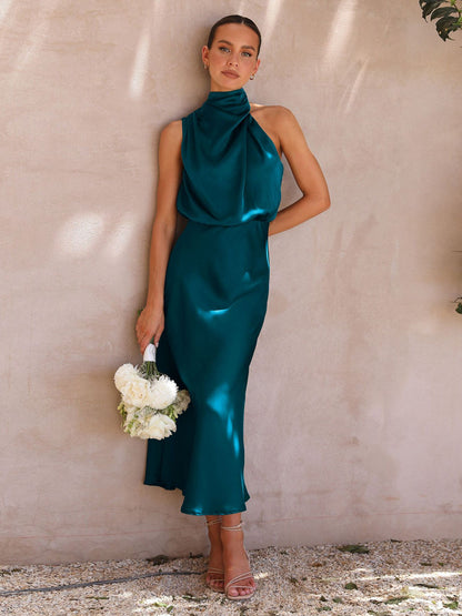 Stain Midi Party Dress Halter Sleeveless Bridesmaid Dress In Burgundy
